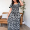 Adeline Black Printed Smocked Dress