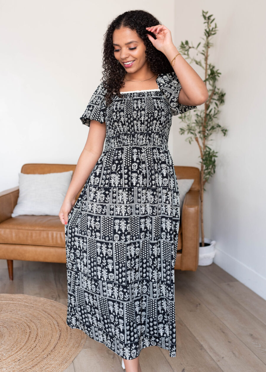 Adeline Black Printed Smocked Dress