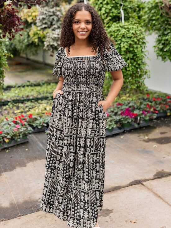 Adeline Black Printed Smocked Dress