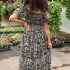Adeline Black Printed Smocked Dress