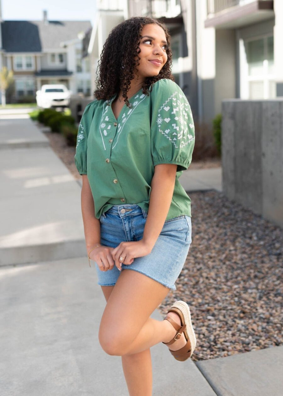 Amber Green Embroidered Top
