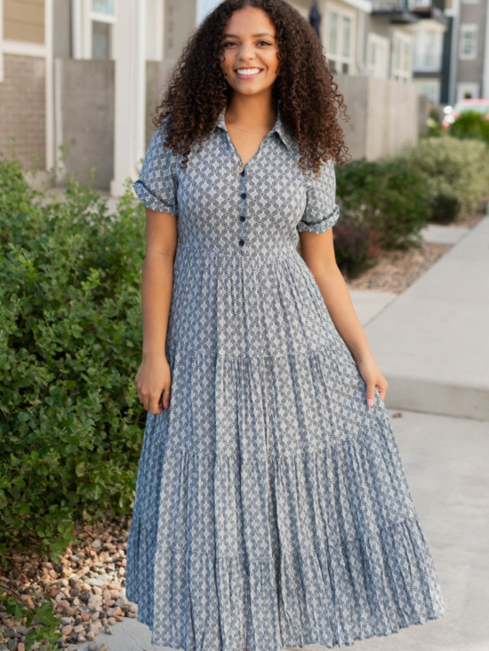 Amberly Navy Pattern Tiered Dress