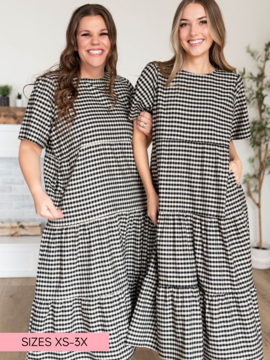 NoraBlackGinghamDress1.png Nora Black Gingham Tiered Dress