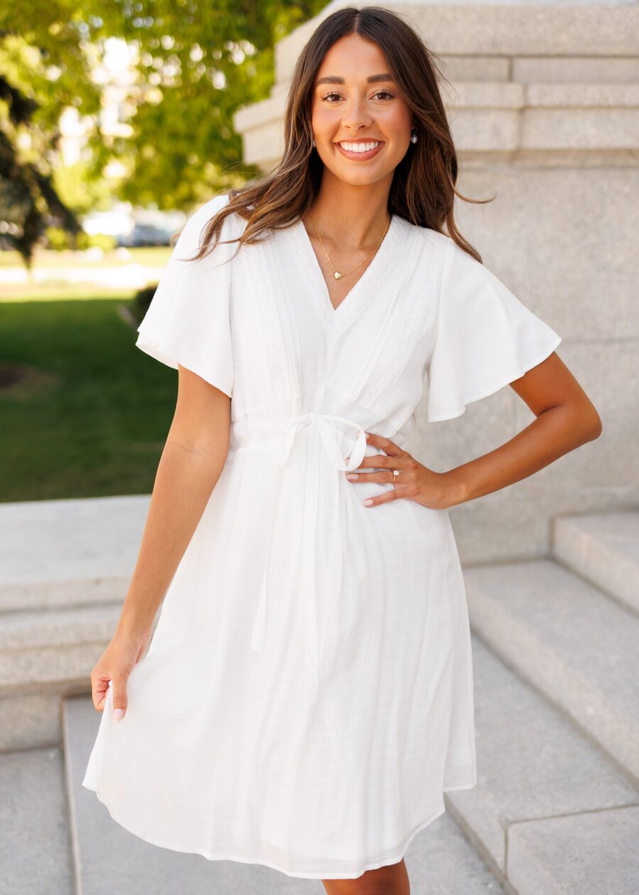 Paedyn White Textured Tie Dress