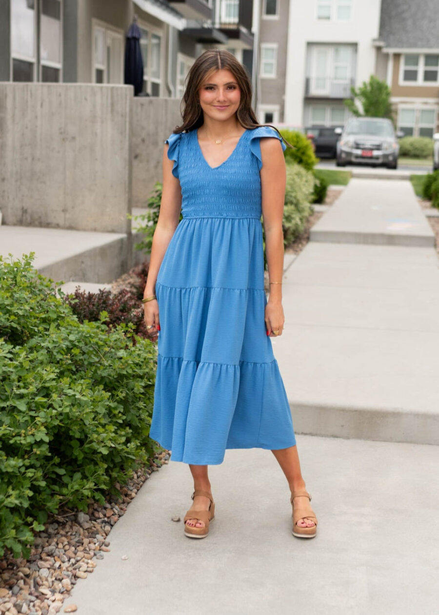 Rachelle Blue Flutter Sleeve Dress