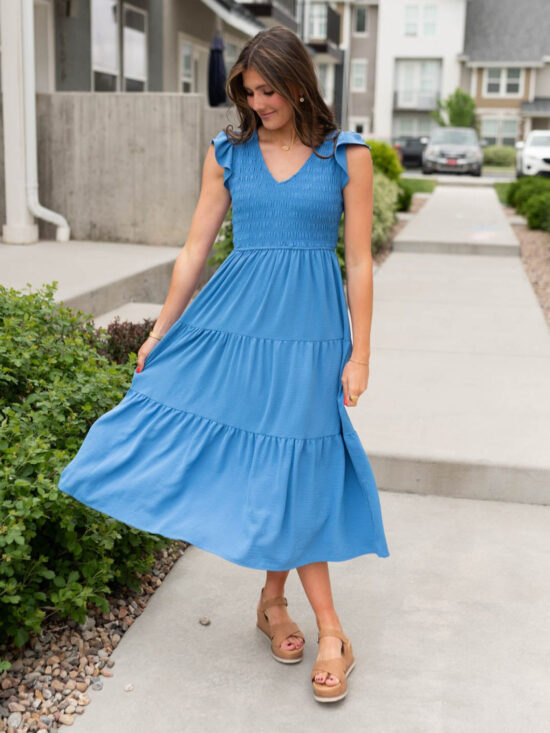 Rachelle Blue Flutter Sleeve Dress
