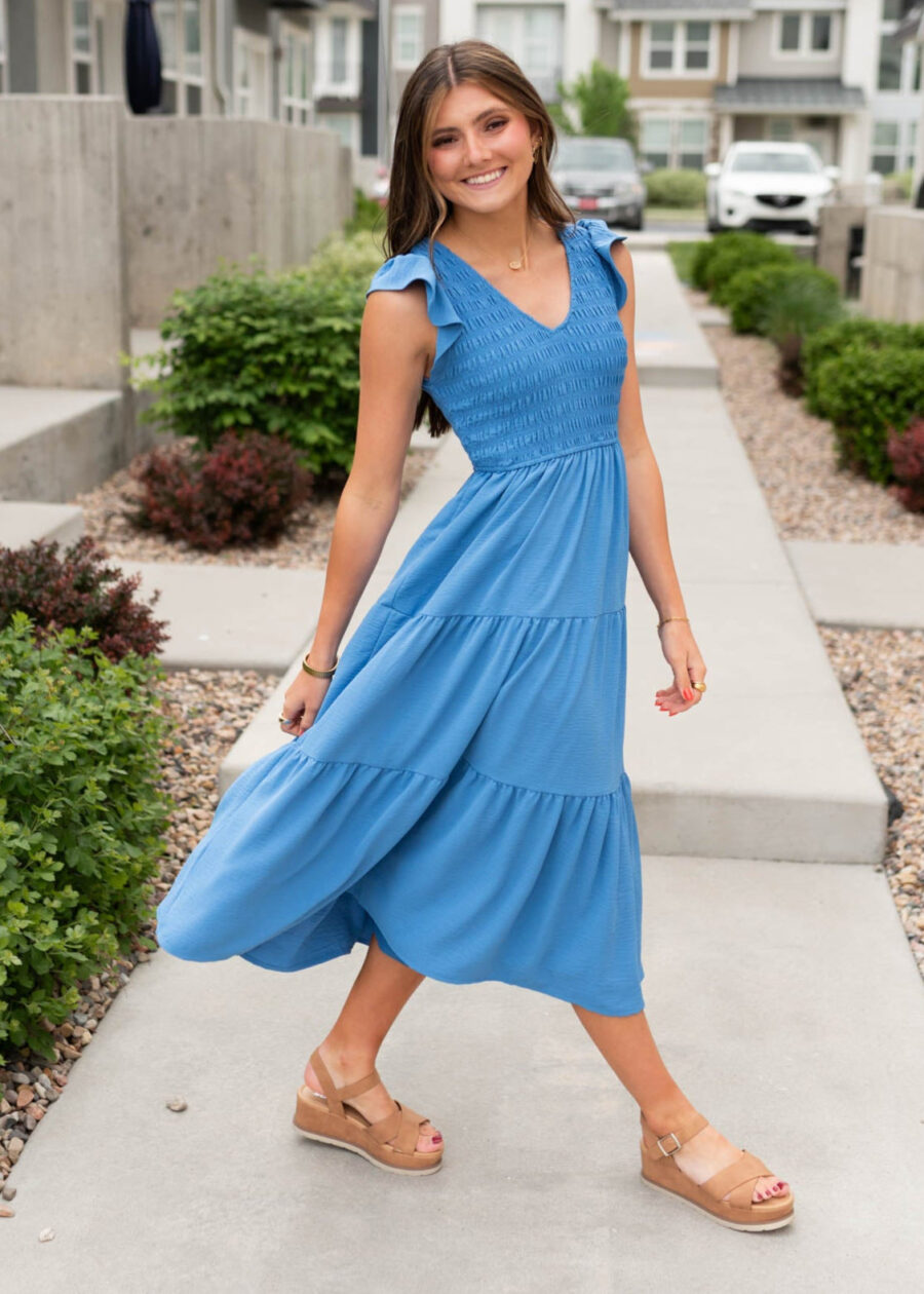 Rachelle Blue Flutter Sleeve Dress