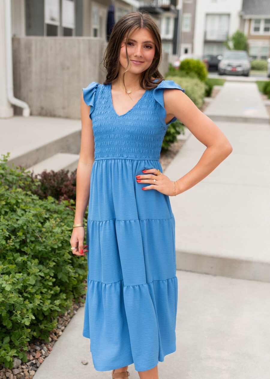 Rachelle Blue Flutter Sleeve Dress