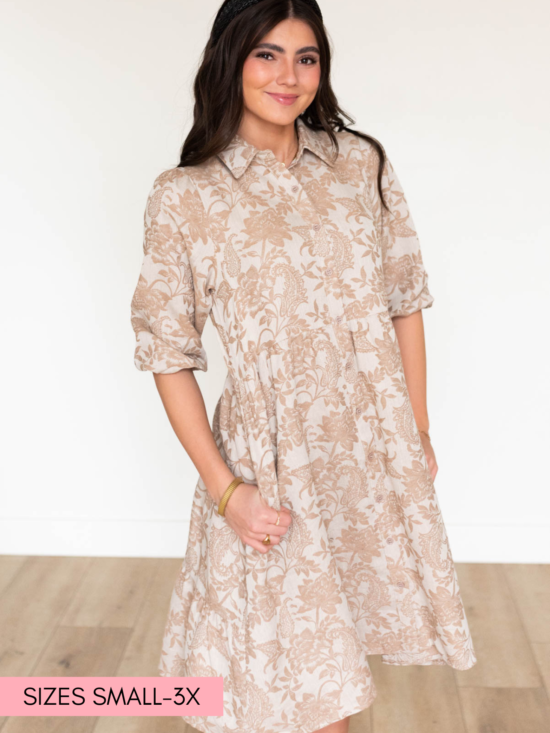 Railee Taupe Floral Button Down Dress