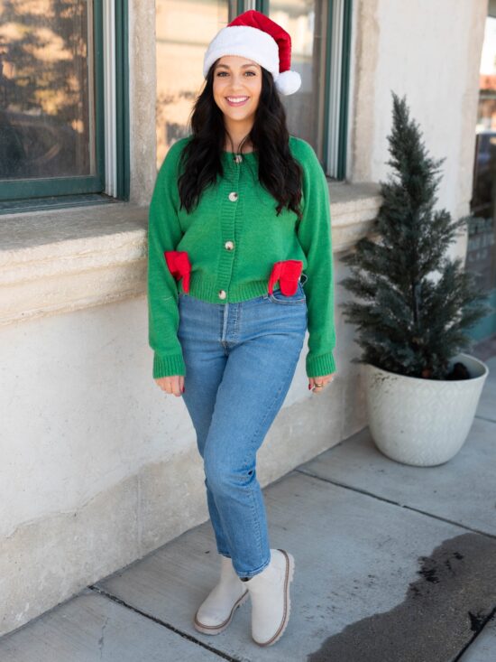 VeronicaGreenChristmasBowCardigan_DSC4535.jpg Veronica Green Christmas Bow Cardigan